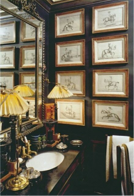 from the book  Magnificent Baths  by Massimo Listri, a bathroom in the London home of Anouska Hempel Equestrian Chic Decor, Equestrian Chic, Equestrian Decor, Dark Walls, Chic Interior, English Country House, English Style, Guest Bath, Beautiful Bathrooms