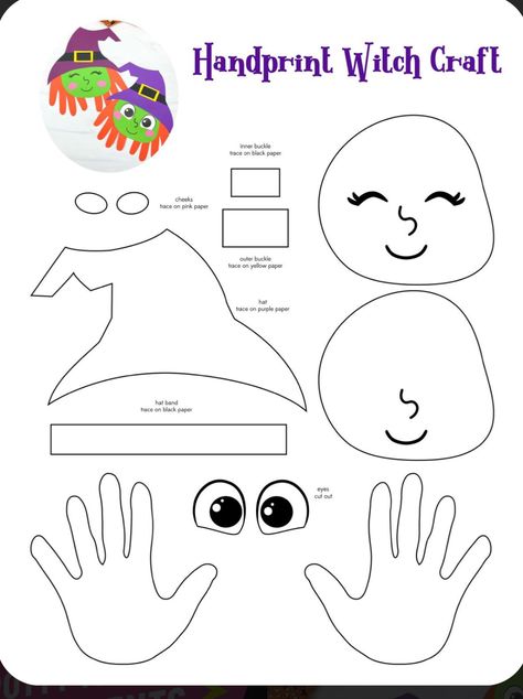 Handprint Witch Craft For Kids, Halloween Kids Activities Art Projects, Handprint Witch Craft, Halloween Cut And Paste Crafts For Kids, Preschool Witch Crafts, Build A Witch Printable, Halloween Cut And Paste Crafts, Quick Halloween Crafts For Kids, Witch Handprint Craft