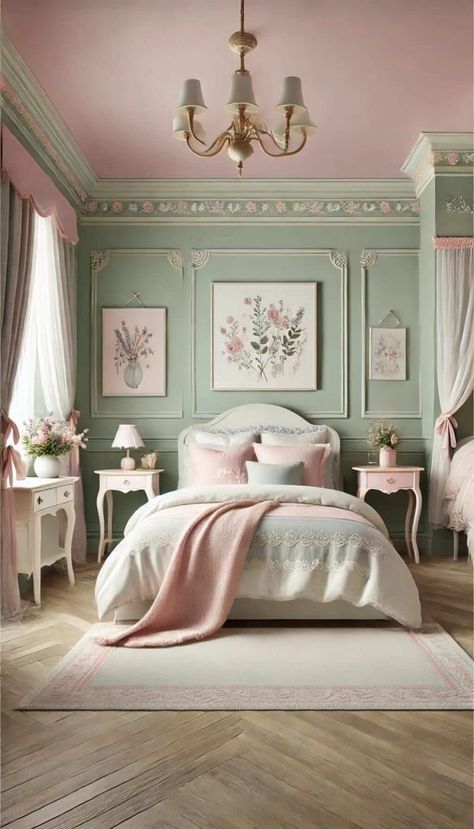 35 Sage Green Bedroom Ideas That Will Help You Achieve Zen 51 Green Color Bedroom Ideas, Lavender Green Bedroom, Light Green Master Bedrooms Decor, Pink Green Bedroom Aesthetic, Secret Garden Bedroom Ideas, Best Colours For Bedrooms, Zen Painting Ideas, Room Colour Ideas Bedroom, Bedroom Inspo Green