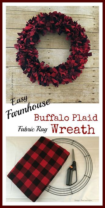 Farmhouse Buffalo Plaid, Fabric Wreaths, Couronne Diy, Buffalo Plaid Wreath, Buffalo Plaid Fabric, Ribbon Wreaths, Plaid Wreath, Rag Quilts, Fabric Wreath