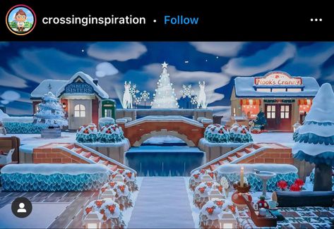 Acnh New England Town, Animal Crossing Christmas Ideas, Acnh Bridge, Animal Crossing Christmas, Acnh Idea, Acnh Inspiration, Plaza Design, Animals Crossing, Ac New Leaf