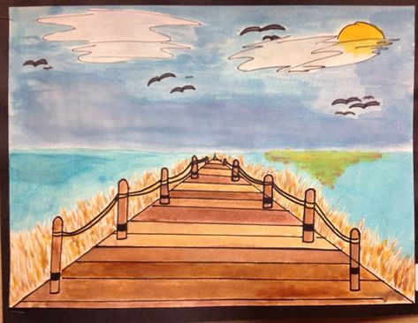 Aerial Perspective Painting, One Point Perspective Watercolor, Simple One Point Perspective Drawing, On Point Perspective, 2 Points Perspective Drawing, Perspective Art For Kids, Perspective Art Projects, One Point Perspective Painting, One Point Perspective Drawing Landscapes