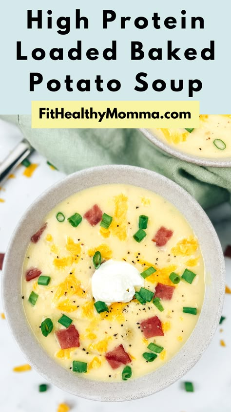 High Protein Loaded Baked Potato Soup Recipe Soup Meal Prep Healthy, Keto Loaded Potato Soup, Low Calorie Baked Potato Soup, Clean Eating Potato Soup, Potato Soup Protein, Low Cal Baked Potato Soup, Healthy Soups High Protein, Healthy Bisque Soup Recipes, Healthier Baked Potato Soup