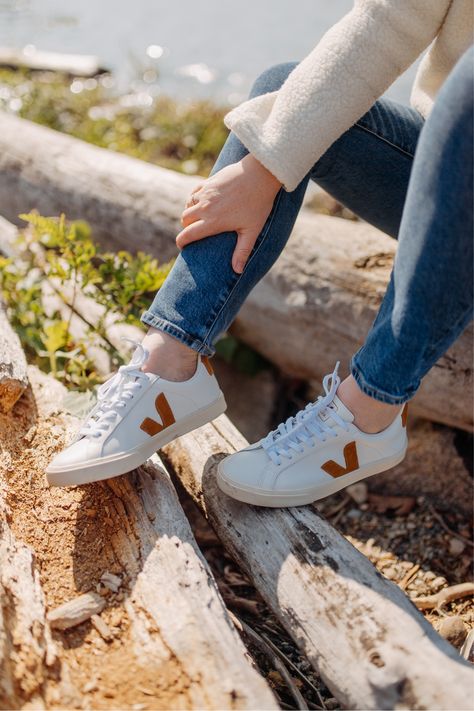 Veja Esplar Logo Sneakers I wit & whimsy Veja Esplar Outfit, Veja Sneakers Outfit, Vince Leather Jacket, Veja Esplar, Veja Shoes, European Shoes, Gucci Loafers, Chic Sneakers, White Shoes Women