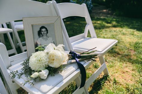 Missing Person At Wedding, Memorial Flowers At Wedding, Gone But Not Forgotten Wedding, Ceremony Memorial Chair, Remembering Mom At Wedding, Wedding Memorial Chair Ideas, Mother Of The Groom Memorial, In Memory Seats At Wedding, In Loving Memory Seat At Wedding