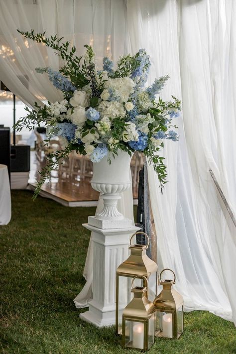 Light Blue Wedding Flowers, Marble House Newport, White Wedding Flower Arrangements, White Wedding Florals, Inexpensive Wedding Flowers, Blue Hydrangea Wedding, Blue Wedding Decorations, Blue And White Wedding, Blue White Weddings