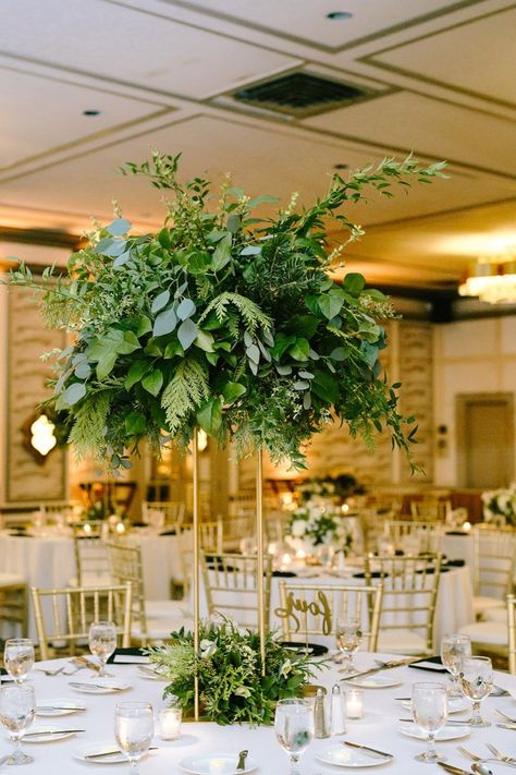 High Arrangement Tall Centerpiece, Tall Centerpieces Greenery, Greenery Wedding Florals, Greenery Arrangements Wedding, Green Wedding Arrangements, Winter Greenery Wedding, Flower Centerpiece Wedding, Greenery Wedding Reception, Green Wedding Centerpieces