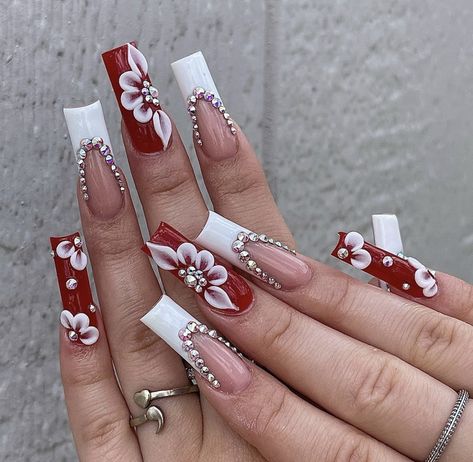 Red And Purple Nail Ideas, Graduation Nails Burgundy, Red And Silver Square Nails, Rose Theme Nails, White And Red Acrylic Nails Ideas, Maroon Quince, Red Quince Nails, Red Rose Nails, Gold Nails Prom