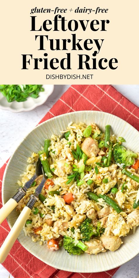 A bowl of turkey fried rice on red kitchen towel Turkey Fried Rice, Easy Turkey, Feed A Crowd, Thanksgiving Leftovers, Gluten Free Rice, Healthy Dinner Recipes Chicken, Leftover Turkey, Healthy Crockpot, Dinner Recipes Crockpot