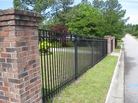 Iron Fencing, Brick Columns, Brick Fence, Pool Fence, Fence Design, Church Ideas, Brick House, Fencing, My House