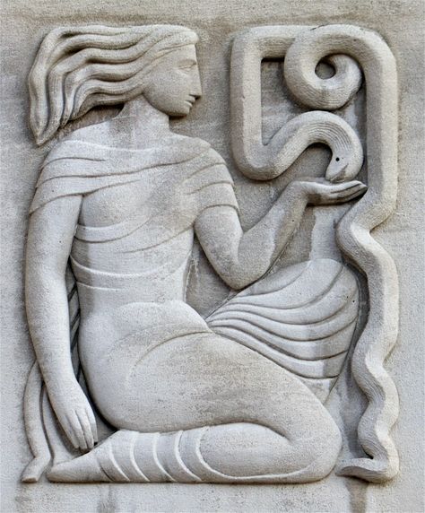 Asclepius, god of medicine, son of Apollo and the nymph Coronis, daughter of Phlegyas who lived at the foot of Mount Pelion, brought up by the wise centaur Chiron, is the most famous healer of diseases that plague people in antiquity, and the power arrives by raising the dead … Daughter of course, the Health .. Snake Charmer, Art Deco Sculpture, Relief Sculpture, 1 Tattoo, Arte Popular, General Hospital, Stone Carving, Public Health, Art Plastique