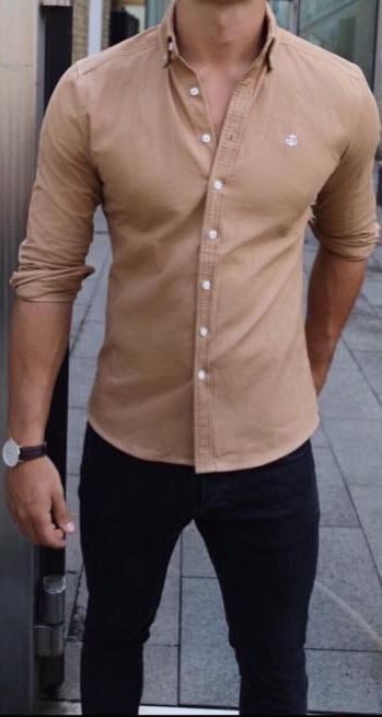 Tan / Light Brown / Oatmeal Oxford Shirt . Black Jeans Tan Shirt Mens Outfit, Black Jeans Combination For Men, Black And Tan Mens Outfit, Brown Shirt With Jeans Outfit, Men’s Brown Shirt Outfit, Black And Tan Outfit Men, Brown Dress Shirt Outfit Men, Brown Dress Shirt Men, Brown Shirt Men Outfits