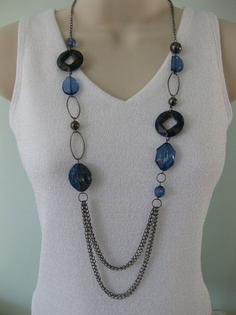 long beaded necklaces | Chunky Long Blue Beaded Chain Necklace by RalstonOriginals on Etsy Bead Necklace Ideas, Large Bead Necklace, Diy Collier, Necklace Ideas, Long Beaded Necklace, Blue Necklace, Bijoux Diy, Hand Made Jewelry, Jewelry Projects