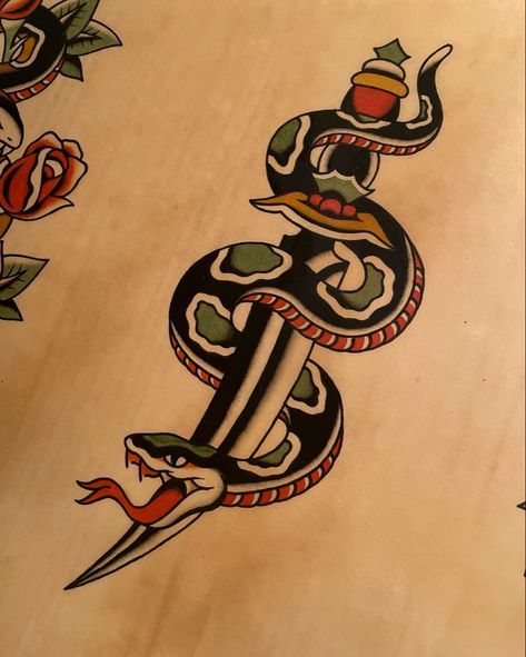 Sailor Jerry Snake Tattoo, Forarm Tattoos American Traditional, Traditional Style Snake Tattoo, American Traditional Painting, Snake American Traditional Tattoo, Traditional Tattoos Snake, Vintage American Traditional Tattoo Flash, Trad Snake Tattoo, Traditional Snake Tattoos