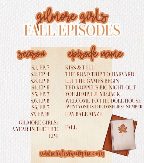 Gilmore Girls Movie Night, Episodes To Watch When, Fall Shows And Movies, Gilmore Girl Fall Aesthetic, Fall Episodes Of Shows, Gilmore Girls Movie List, Fall Comfort Movies, Fall Must Watch Movies, Gilmore Girls Fall Party