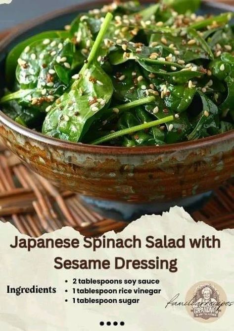 Jamie Oliver  Familly🥣 | Japanese Spinach Salad with Sesame Dressing | Facebook Japanese Spinach, Japanese Salad Dressing, Recipes Japanese, Japanese Salad, Asian Inspired Salad, Sesame Dressing, Easy Recipes For Beginners, Fresh Spinach, Bariatric Recipes