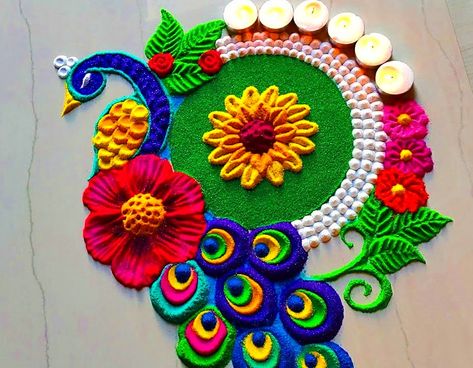 Simple Easy Small Rangoli Designs For Home Symmetrical Rangoli Designs, Rangoli Designs Of Peacock, Diwali Rangoli Peacock Designs, Rangoli Designs With Peacock, Big Simple Rangoli, Rangoli Design Videos, Diwali Rangoli Video, Gudi Padava, Diwali Rangoli Designs Beautiful