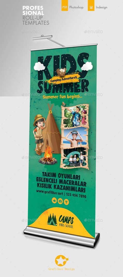 Kids Summer Camp Roll-up Template PSD, InDesign INDD. Download Kindergarten Banner Design, Summer Camp Banner, Scout Knots, Kids Summer Camp, Rollup Banner Design, Graphic Hoodies Aesthetic, Banner Design Layout, Roll Up Design, Rollup Banner