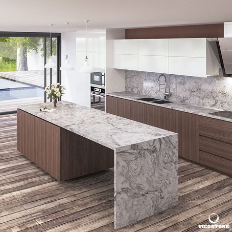 Vicostone White Fusion has its own unique look. Gray veins intertwine in a whirlwind of movement that looks like crashing hurricanes. Viscount White Countertops, White Fusion Quartz Countertop, Countertops Bathroom, Quartz Surfacing, Quartz Countertop, White Countertops, Bathroom Designs, Kitchen Designs, Quartz Countertops