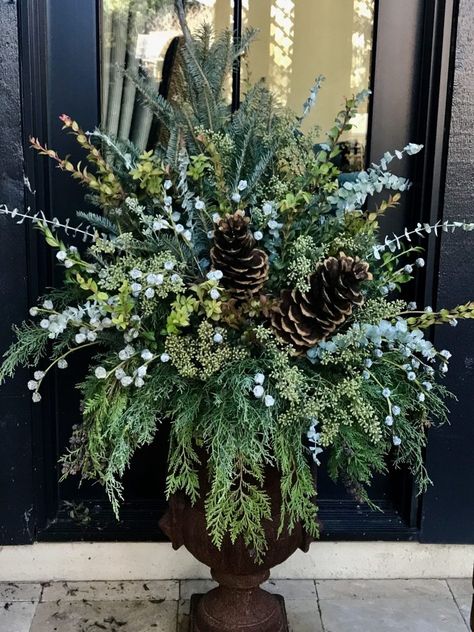 Large Evergreen Christmas Wreaths, Large Winter Floral Arrangements, Decorate A Fence For Christmas, Tall Winter Planters, Outdoor Winter Arrangements Planters, Winter Flower Arrangements Outdoor, Winter Floral Arrangements Outdoor, Church Winter Decorations, January Floral Arrangements For Church