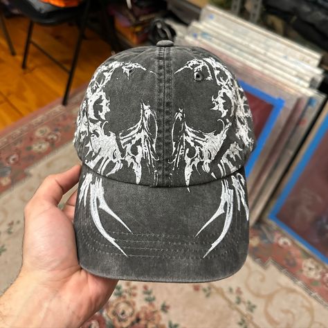 Arachnid 40$ available now Ships worldwide #cap #hat #custom #screenprinted Custom Clothes Ideas, Aesthetic Caps, Hat Design Ideas, Cap Merch, Cap Illustration, Swag Hats, Silly Clothes, Sweet Clothes, Painted Hats