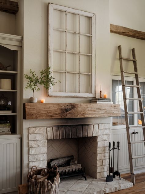 Farmhouse Fireplace Decor Ideas, Fireplace With Built Ins On Both Sides, Cottage Fireplace Ideas, Fireplace Hearth Decor, Hearth Decor, Farmhouse Fireplace Decor, Fireplace Decor Ideas, Country Fireplace, White Brick Fireplace