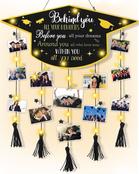 PRICES MAY VARY. Warm graduation picture frame: You will receive a wooden board designed in the shape of a graduation cap with an inspirational message, 5 tassel ropes, 30 clips and a string of lights, clips can hold photos, postcards, money, paintings, etc., to show your wonderful life. Excellent production: The graduation photo hanger is made of high-quality wood, classic retro style, with graduation related elements and art text design, clear printing, reusable, will accompany you for a long