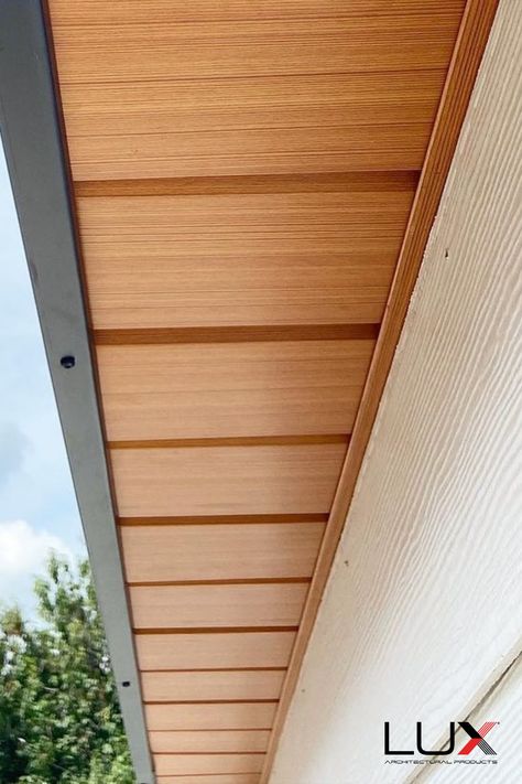 Metal woodgrain residential soffit Roof Soffit Ideas, Modern Soffit, Garage Window Ideas, Diy House Siding, Cedar Soffit Exterior, Metal Soffit Exterior, Roofing Design, Soffits And Fascia Ideas, Cedar Soffit