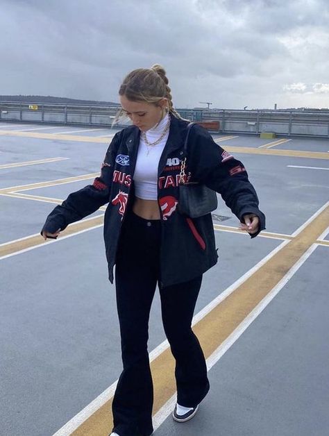 Race Jacket Outfit, Race Car Jacket Outfit, Racer Jacket Outfit Women, Racer Jacket Outfit, Nascar Outfit, Racing Jacket Outfit, Race Outfit, Vintage Street Fashion, Jacket Outfit Women