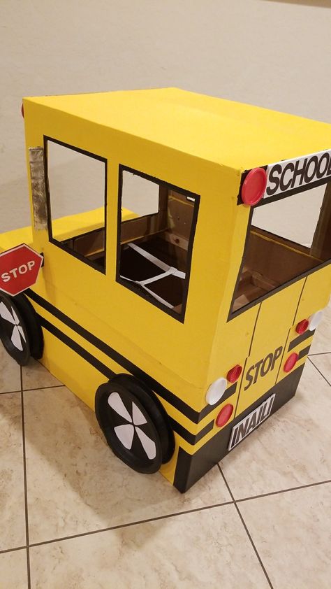 School Bus Out Of Cardboard Boxes, School Bus Birthday Party Ideas, Cardboard Bus, School Bus Crafts, Toddler Birthday Cakes, Bus Crafts, Kids Valentine Boxes, Ocean Birthday Party, Transportation Birthday