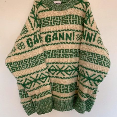 GANNI green and white pattern wool jumper pullover sweater Ganni Jumper, Ganni Knit, Ganni Sweater, Summer Jumpers, Wool Jumper, Oh Yeah, Green Sweater, White Patterns, Printed Design