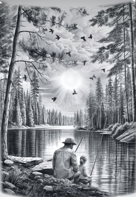 Realistic Landscape Pencil Drawings, Individual Tattoo, Perspective Painting, Realistic Tattoo Design, Fly Fishing Tattoo, Fishing Tattoo, Family Tattoo Ideas, Nature Tattoo Sleeve, Majestic Tree