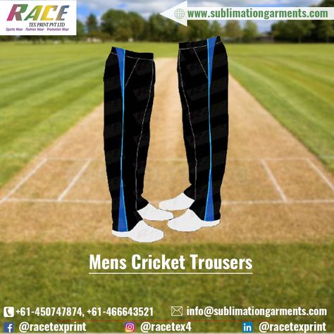 Developed by a cricket passionate team, Men’s Cricket Trousers are made using hydrophilic 100% polyester fabric. These trousers have a loose fit design and hence are always comfortable, even in case of profuse sweating. Email : info@sublimationgarments.com website: https://www.sublimationgarments.com/ #sports #sport #fitness #training #fashion #style Cricket Trousers, Sports Uniform, Sports Uniforms, Sport Wear, Fitness Training, Sport Fitness, Polyester Fabric, Loose Fitting, Trousers