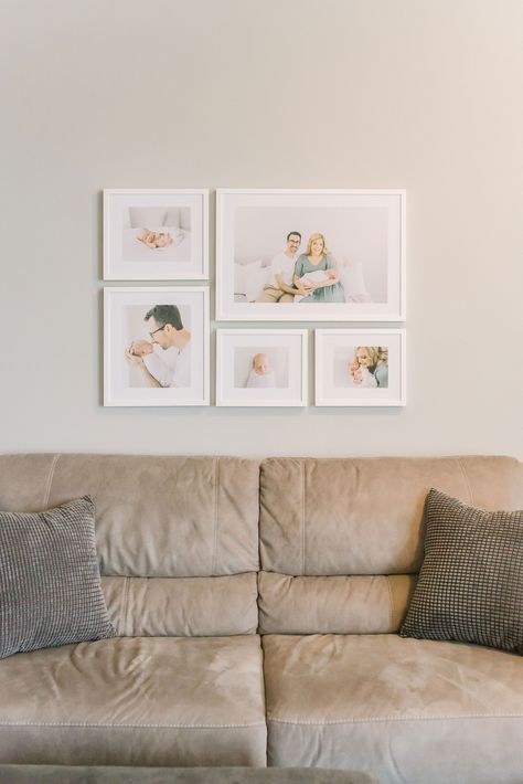 Newborn Picture Wall Display, Newborn Photo Collage, Newborn Photo Frame Ideas, Photo Frame For Bedroom Wall, Display Newborn Photos Wall Ideas, Family Photographs On Wall, Displaying Newborn Photos, Framed Newborn Photos On Wall, Newborn Gallery Wall