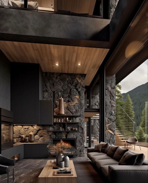 Modern Interior Design Black, Concrete House Interior, Aesthetic House Decor, Dark Modern Interior, Chalet Living Room, Interior Design Black, Arabic Interior Design, Fireplace Modern Design, Modern Mountain House