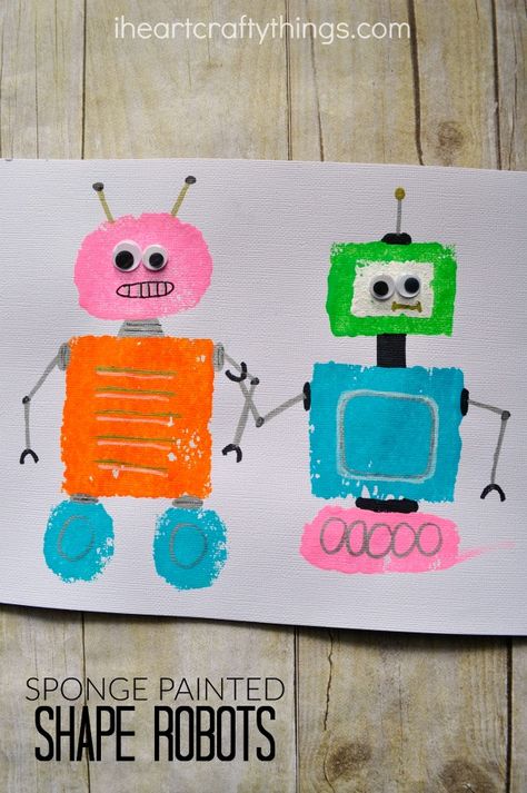 Learn about shapes and robots with preschoolers with this sponge painted shape robots craft. Robots Preschool, Robot Craft, Robot Theme, Sponge Painting, Learning Shapes, Arte Robot, Shape Crafts, Kindergarten Art, A Robot