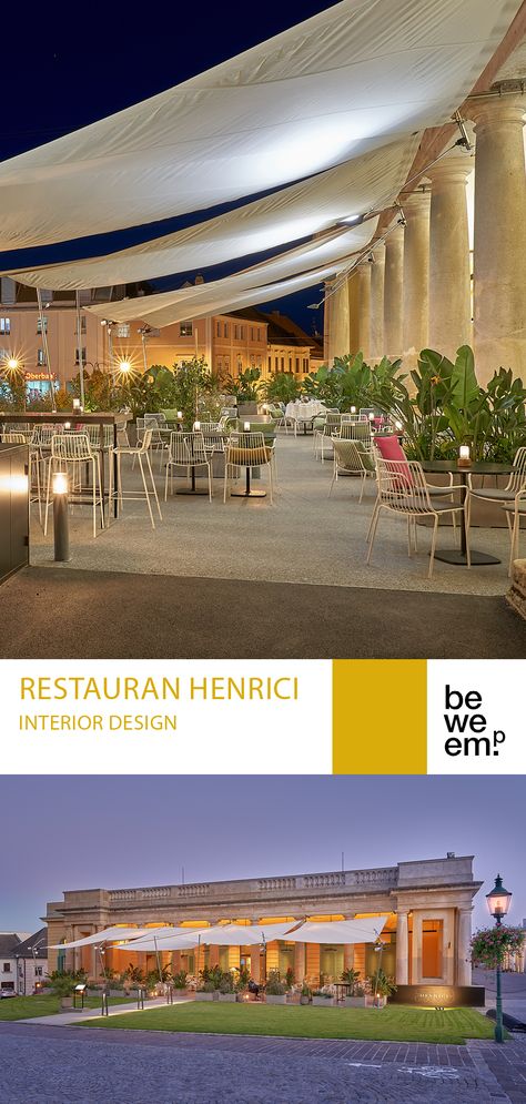 In the former stables of Schloss Esterházy, located in the charming city of Eisenstadt, we've completely redesigned the outdoor area of the popular Restaurant Henrici. The guest garden consists of a three-part seating and lounge concept, extending from the portico under the historic arches into the open-air garden. The materials (brass or terrazzo in grey) underline the restrained, distinguished overall impression. PROJECT_Restaurant Henrici DEPARTMENT_Interior Design LOCATION_Eisenstadt Images Open Area Restaurant Design, Restaurant Garden Outdoor, Alfresco Restaurant Design, Outdoor Restaurant Seating Design, Outdoor Patio Ideas Restaurant, Open Air Restaurant Design, Open Garden Restaurant Design, Open Restaurant Design Ideas, Resturant Ideas Design Outdoor