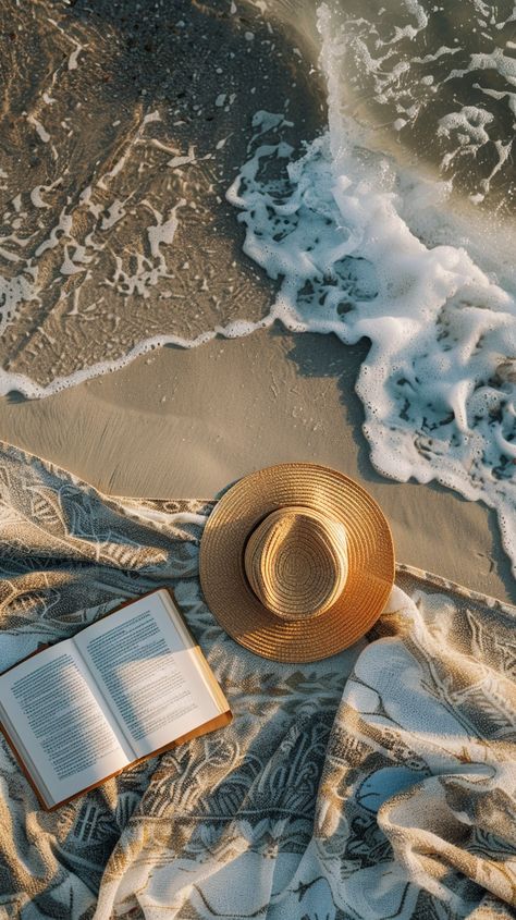 Beach Reading Escape: An open book lies beside a straw hat on a sandy beach washed by gentle waves. #beach #reading #relaxation #waves #sand #aiart #aiphoto #stockcake ⬇️ Download and 📝 Prompt 👉 https://ayr.app/l/DYGJ Cozy Beach Aesthetic, Reading Book At Beach, Book Beach Aesthetic, Book On Beach, Beach Reading Aesthetic, Summer Book Aesthetic, Books And Beach, Beach Flatlay, Book At The Beach