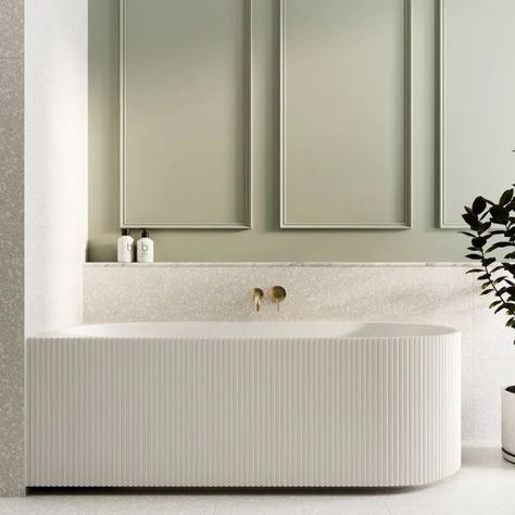 Bao Fluted Back to Corner 1700mm Bath | The Blue Space Fluted Bath, Brushed Nickel Mirror, Bronze Tiles, Bathroom Ambiance, Shaving Cabinet, Corner Bath, V Groove, Back To Wall Bath, Bathtub Design