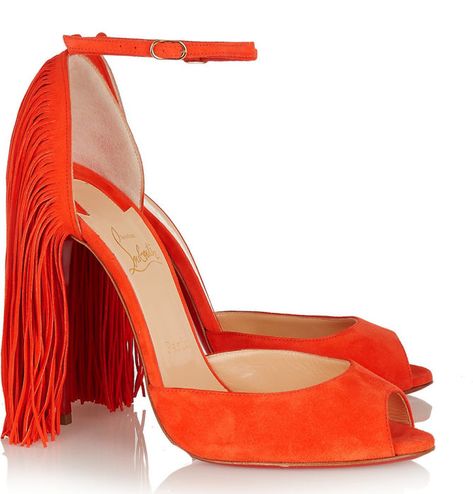 CHRISTIAN LOUBOUTIN Otrot 120 Fringed Suede Sandals - Shoes Post Orange High Heels, Heels Christian Louboutin, Christian Louboutin Sandals, Fringe Shoes, Fringe Heels, Christian Louboutin Boots, Strappy High Heels Sandals, Ankle Tie Sandals, Fringe Sandals