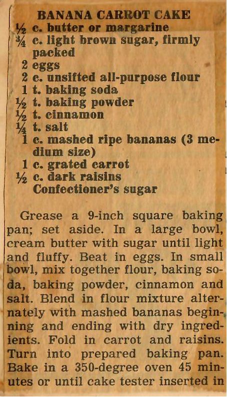 Banana Carrot Cake - a vintage newspaper clipping recipe. Can't decide on a Banana or Carrot Cake, try this recipe! Visit our website for additional cake recipes. #VingateRecipes #BananaCarrotCake #Cake #CarrotCake #BananaCake #Recipe Carrot Cake Recipe With Banana, Banana And Carrot Cake Recipe, Carrot Banana Cake Recipe, Carrot And Banana Cake Recipe, Vintage Carrot Cake, Desert Cake Recipes, Banana And Carrot Cake, Carrot And Banana Cake, Best Banana Cake Recipe Ever