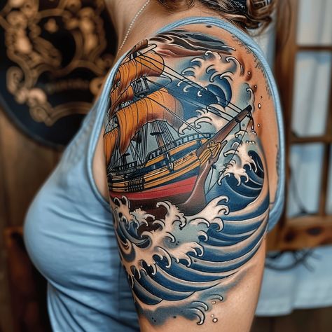 Nautical themes have long captured the imagination, embodying adventure, freedom, and the relentless spirit of exploration. Classic Nautical Tattoo, Tall Ship Tattoo, Tall Ship Tattoo Traditional, Dark Nautical Tattoo, Neo Traditional Pirate Ship Tattoo, Nautical Neo Traditional Tattoo, Ship Tattoos, Traditional Tattoo Drawings, Themed Tattoos