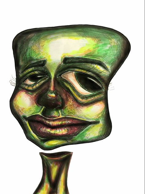 Green deformed happy face drawing Surreal Face Art, Happy Face Mask Drawing, Distorted Faces Art, Funny Portraits Painting, Crazy Faces Drawing, Weird Faces Art, Happy Face Sketch, Distorted Face Drawing, Trippy Face Drawing