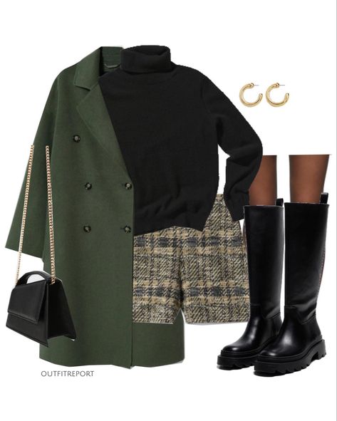 Looks With Knee High Boots, Gold And Green Outfit, Khaki Sweater Outfit, Khaki Coat Outfit, Green Winter Outfits, Winter Outfits Green, Green And Black Outfits, Casual Chic Winter Outfits, Casual Chic Winter