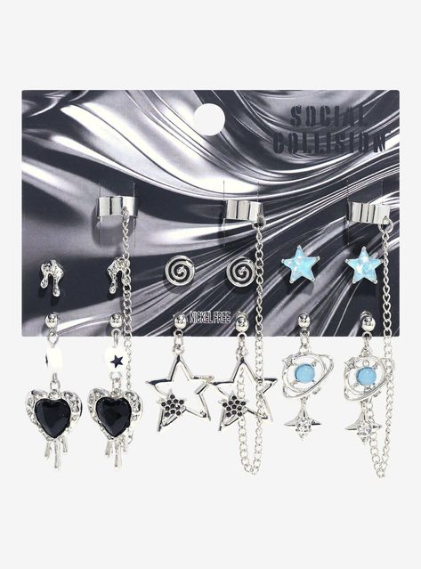 Add to your acubi aesthetic with this earring set! It features studs of swirls  stars and drip  plus drop earrings of stars  planets and dripping hearts  each with a matching cuff.14" - 3" dropsNickel-free alloySet of 6 pairsImported Corpse Bride Earrings, Acubi Aesthetic, Pretty Jewelry Necklaces, Cuff Earring, Magical Jewelry, Diy Clothes Life Hacks, Pretty Prom Dresses, Blue Jewelry, Cuff Earrings