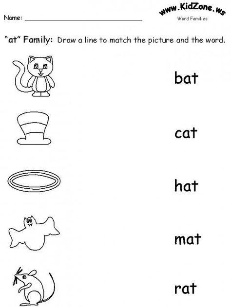 Word families and ideas for teaching them to kids. At Phonics Worksheet, At Words Worksheets Free Printable, Word And Picture Matching, At Word Family Worksheet, At Words Worksheets, At Family Words Worksheet, At Family Words, At Word Family, At Words