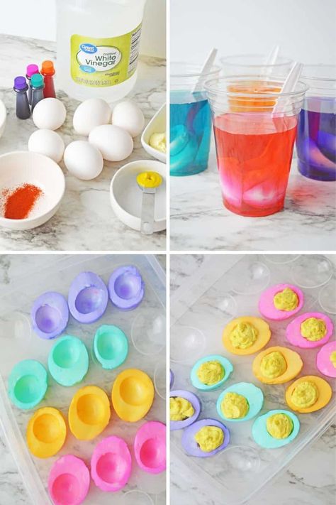 Easter Boiled Egg Ideas, Coloured Deviled Eggs, How To Make Colored Deviled Eggs, Colored Hard Boiled Eggs, Colored Deviled Eggs How To Make, How To Color Deviled Eggs, Jello Deviled Eggs, How To Dye Deviled Eggs, Pastel Deviled Eggs