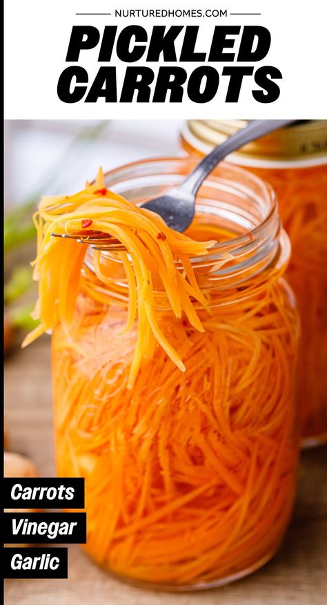 A quick pickled carrot recipe that uses fresh carrots, vinegar, garlic and salt. Quick Pickled Carrots Asian, Pickled Carrots Vietnamese Recipe, Pickled Shredded Carrots Recipe, Pickling Carrots Recipe, Pickled Carrot Salad, Thai Pickled Carrots, Vietnamese Carrot Pickle, Pickled Shredded Carrots, Marinated Carrots Recipes