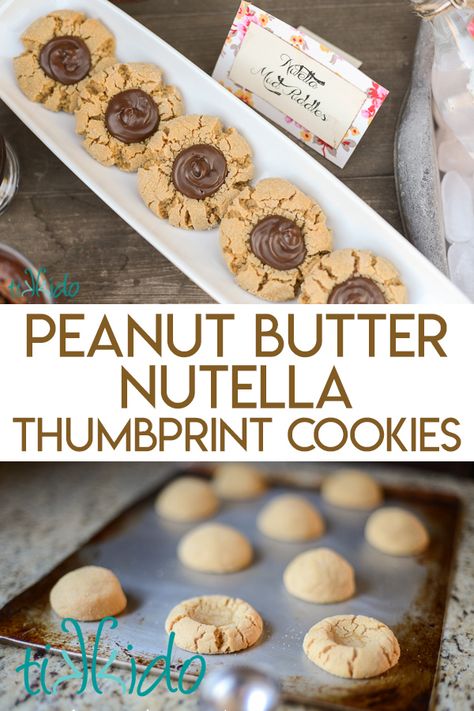 Thumbprint Cookies Peanut Butter, Peanut Butter And Nutella Cookies, Peanut Butter And Nutella Recipes, Nutella Peanut Butter Cookies, Peanut Butter Cookies With Nutella, Nutella Thumbprint Cookies Recipe, Peanut Butter And Jelly Thumbprints, Nutella Thumbprint Cookies, Peanut Butter Nutella Cookies