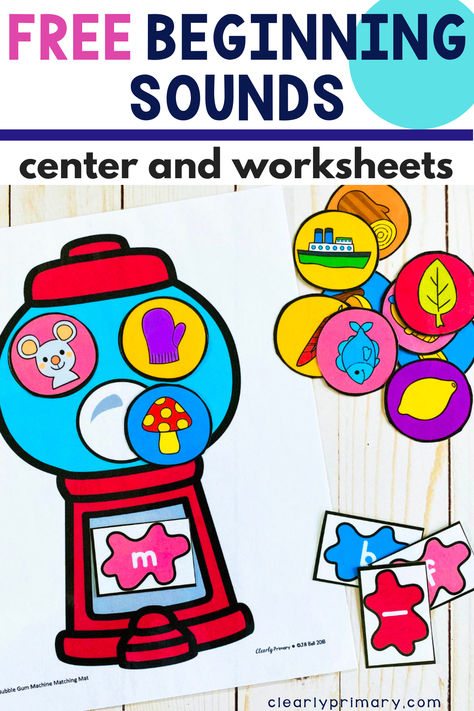 Looking for some activities to practice beginning letter sounds? These free beginning consonant sound activities have a fun bubble gum theme perfect for your preschool, kindergarten or first grade phonics lessons. Match pictures to their beginning letter with this fun literacy center or station. Also includes extra practice worksheets that included cut & paste, printing and coloring tasks to keep your students learning and engaged. Click through to download this free resource! Beginning Letter Sounds Activities, Beginning Sound Activities Kindergarten, First Sound Fluency Kindergarten, Beginning Sounds Activities Preschool, Letter Sound Activities Kindergarten, Preschool Letter Sound Activities, Letter Sounds Activities Kindergarten, Phonics Activities Preschool, Beginning Sounds Kindergarten